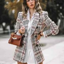 Zara Woman Textured Check Blazer Jacket Ecru Red Gold Size S Uk 8 10 8391/113