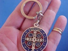 ST BENEDICT Protection Key Chain Key Ring ENAMEL Saint Medal Red Blue Italy