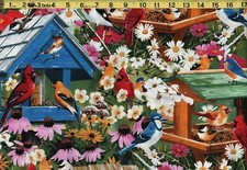 BIRDS Songbird Bird House Flower Garden LARGE PRINT 100 Cotton Fabric By Yard