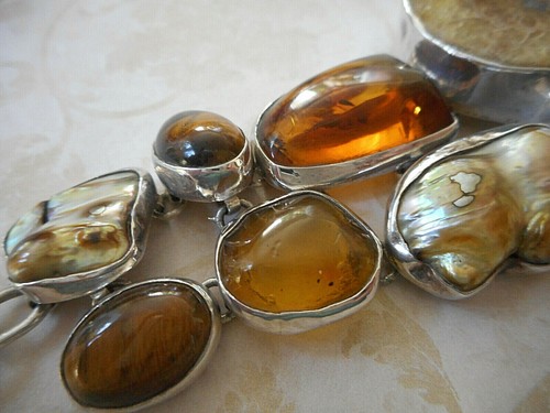 Dramatic Sterling Anemone Fossil Amber Shell Tiger's Eye Bracelet RE99C2R - Picture 5 of 12