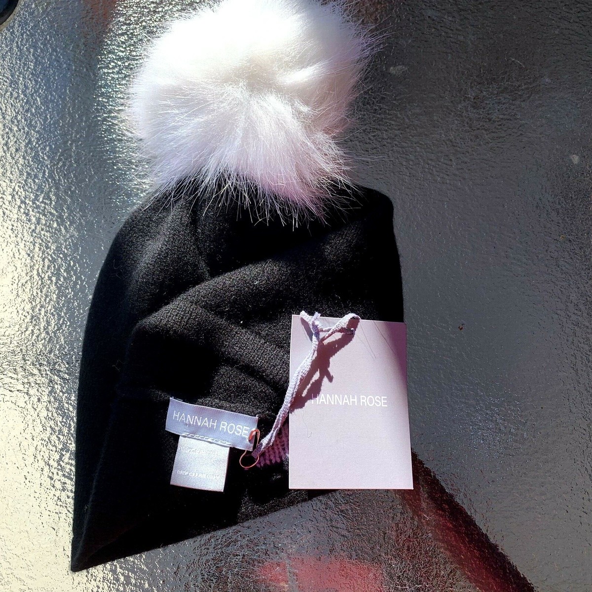 NWT Hannah Rose 100% black cashmere hat with pompom | eBay display picture 3