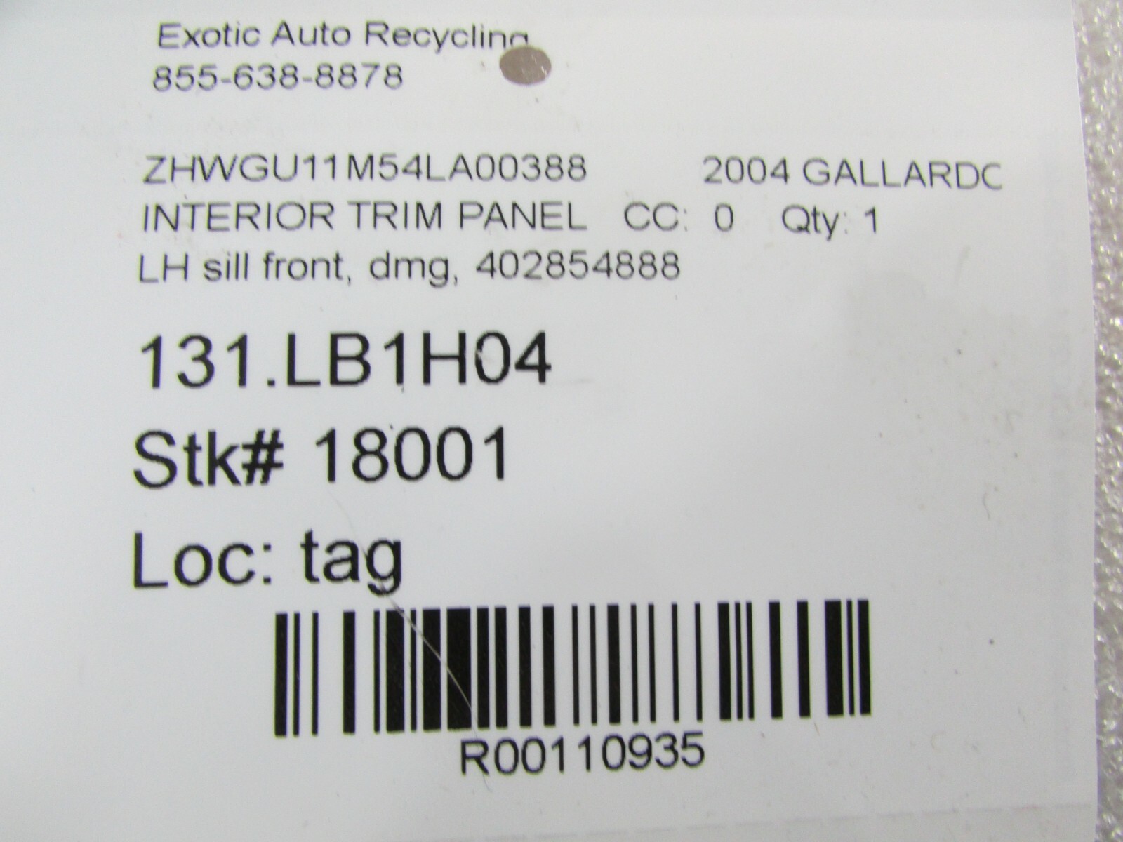 Lamborghini Gallardo, LH, Left Front Sill Cover Panel Black, Used, P/N 402854888