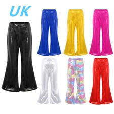 UK Kids Girls Boys Glitter Bell-Bottom Pants Dance Wide Leg Flare Trousers