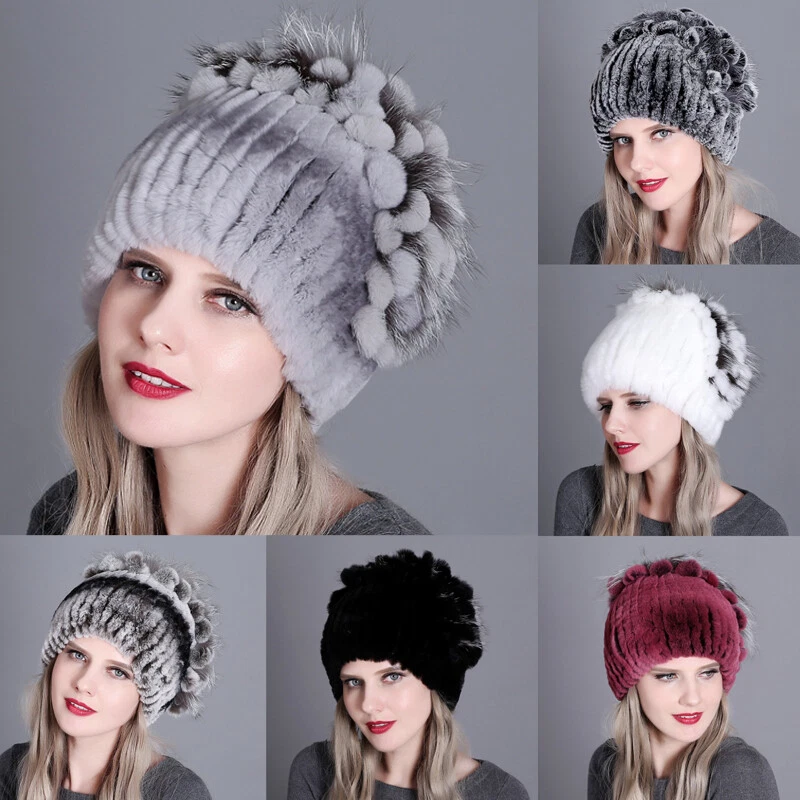 URSFUR Women's Rex Rabbit Fur Winter Hat - Bonnet Style, Multicolor, One Size Fits All