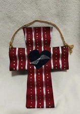 Red White & Blue Metal Cross Wall Hand Made In Texas Wavy Flag Themed USA
