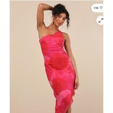 Lulus Pretty Serene Pink Floral One-Shoulder Asymmetrical Midi Dress Size XS