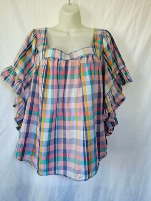 Terra & Sky Plaid Ruffle Sleeve Pink/Blue Size 3X country western coquette top
