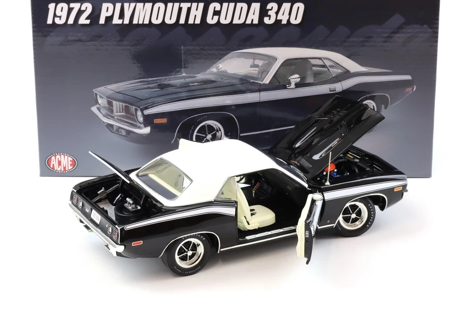 1:18 Acme 1972 Plymouth Cuda 340 Coupe Black with White Roof/Stripes - Image 4 of 4