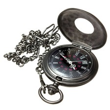 Black Retro Steampunk Pocket Watch Vintage Quartz Pendant Necklace Chain Gift