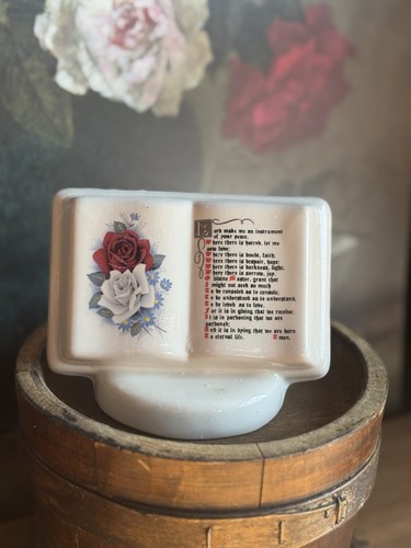 Targa preghiera ceramica vintage preghiera San Francesco - rose rosse e bianche decorazione parete - Foto 4 di 10