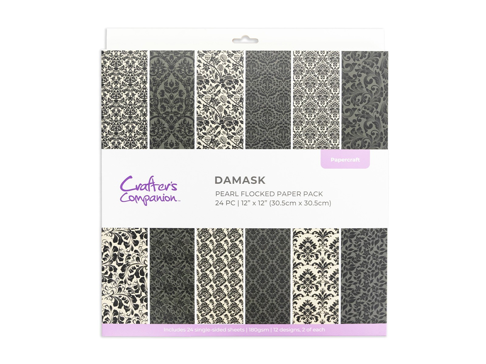 Crafters Companion - Pearl Flocked Damask Paper Pad - 24 Single Sided