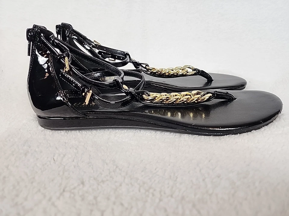 GUESS LA Logo T-Strap Chain Link Back Zip Black Gladiator Thong Sandals Sz 9M - Image 2 of 4