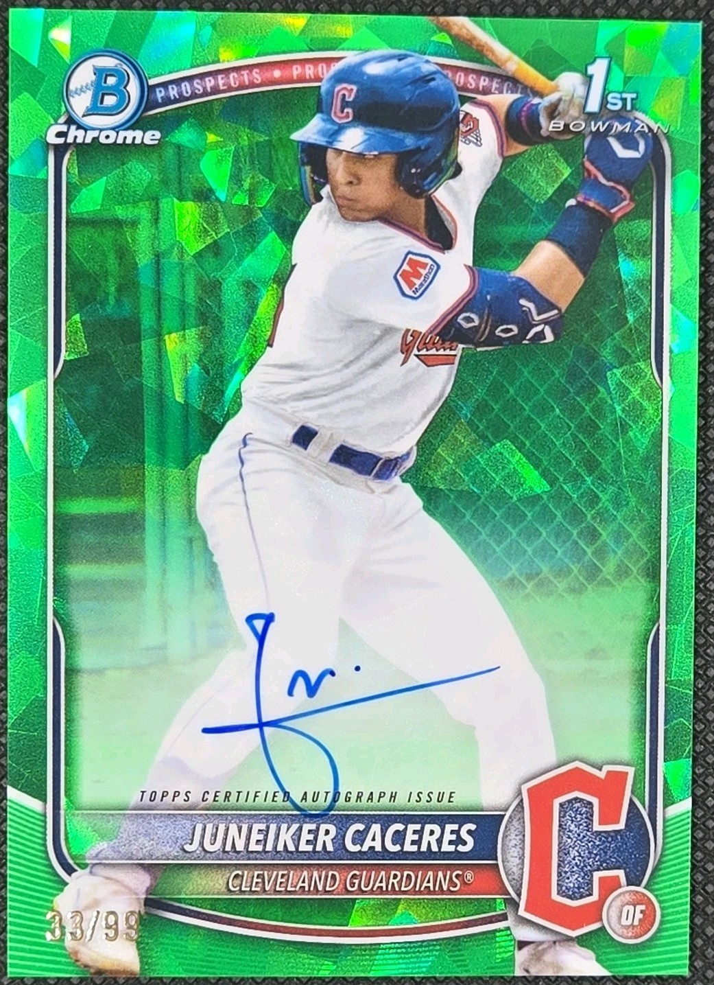 JUNEIKER CACERES 2025 BOWMAN CHROME 1ST SAPPHIRE GREEN AUTO /99 GUARDIANS