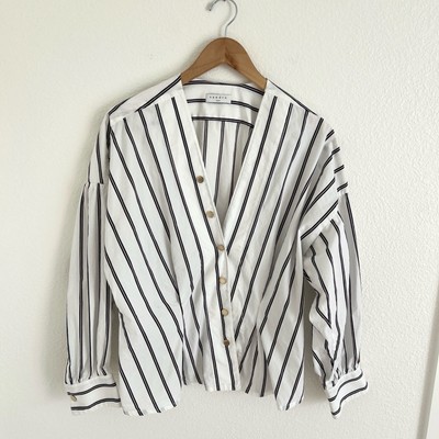 SANDRO blouse / Naelle striped asymmetrical puff sleeve blouse / size XL