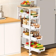 White 5Tier Slim Storage Cart PullOut Baskets Wooden Top Rolling Wheels