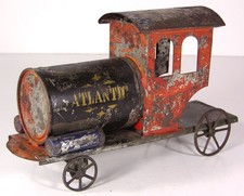 LARGE 1883 AMERICAN TIN ATLANTIC RAILROAD TRAIN LOCOMOTIVE FLOOR TOY By FALLOWS