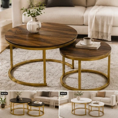 Luxury Nesting Coffee Table Set of 2 White Black Marble Effect with Gold Frame - Image 1 of 4