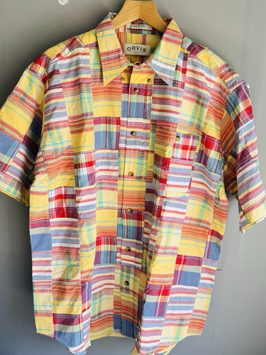 ORVIS Men Check Patch Work Short Sleeve Shirt L Large Multi Coloured Classic New