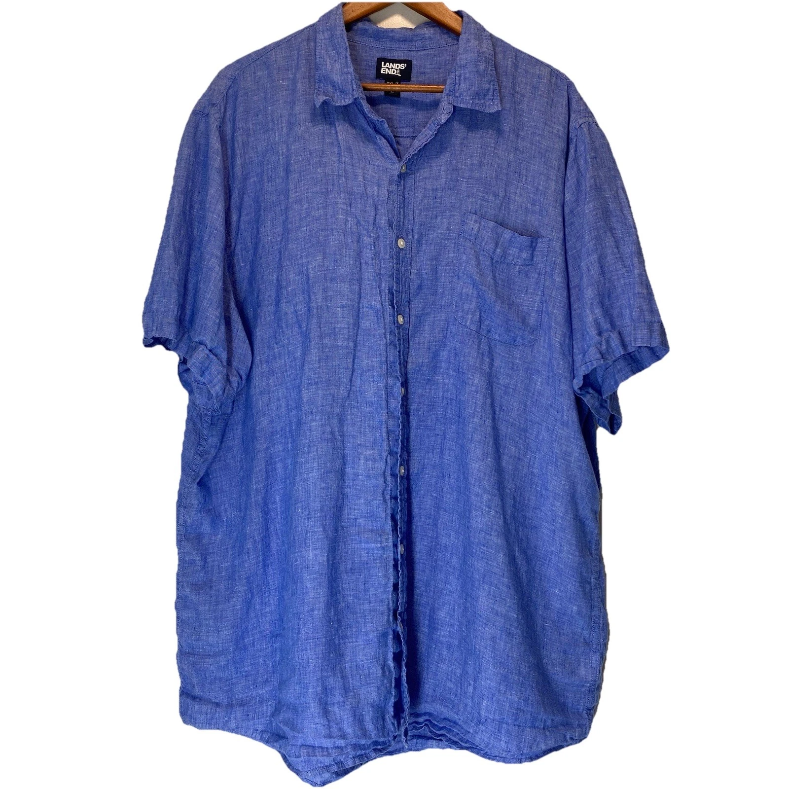Lands' End 100% Linen Men's Shirt Sz XXL/T Blue Traditional Fit Short Sleeve