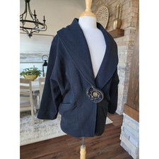 Vintage 80s Black 100% Wool Batwing Sleeve Coat Cape Beaded Button Medium