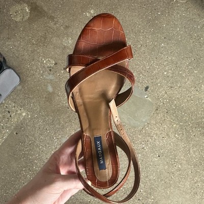 MARGAUX Brown Croc-Embossed Leather Strappy Ankle Buckle Sandals EU 38 M