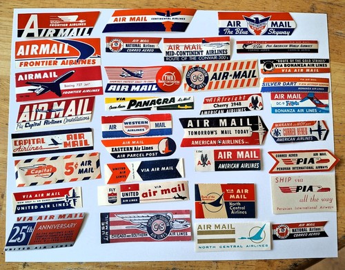 AIRLINES 33 ORIGINAL AIR MAIL Etiquettes Pan Am PANAGRA Western TWA United