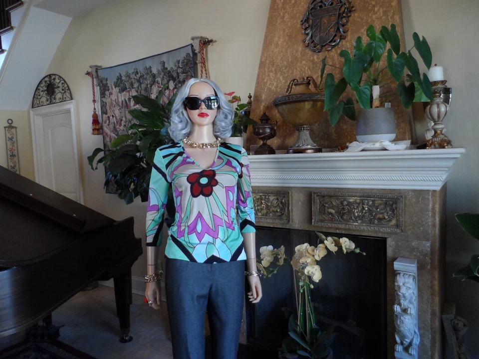 Blusa Etro Milano verde aguamarina estampado floral múltiple cuello en V talla IT 40 - US 4 Foto 3 de 4