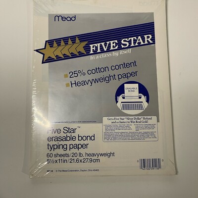 Mead Five Star Erasable Bond Typing Paper 25% cotton 20lb Heavy weight 60 sheets