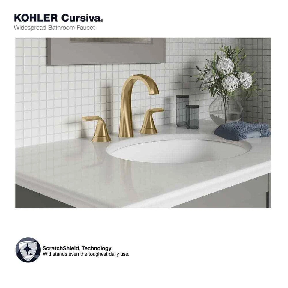 KOHLER Cursiva 8" Double Handle Bathroom Faucet in Vibrant Brushed Moderne Brass - Image 2 of 4