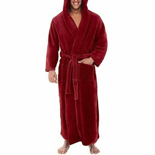 Men's Winter Warm Fleece Long Dressing Gown Bathrobe Hoodie Hooded Bath Robe AU - Picture 9 of 14