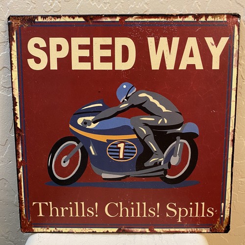 METAL MAN CAVE GARAGE SIGN 9.5"x 9.5" MOTORCYCLE SPEEDWAY THRILLS CHILLS SPILLS 