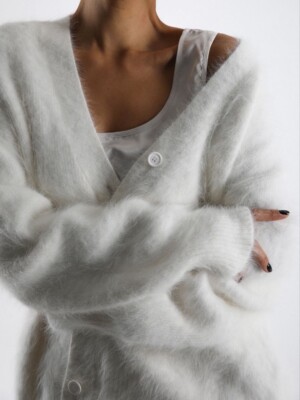 【IONSEOUL】Thick Angora Semi Over Cardigan 4FM176 Aayomet Beige Oversized Women's Cardigan Sweater, Size XL
