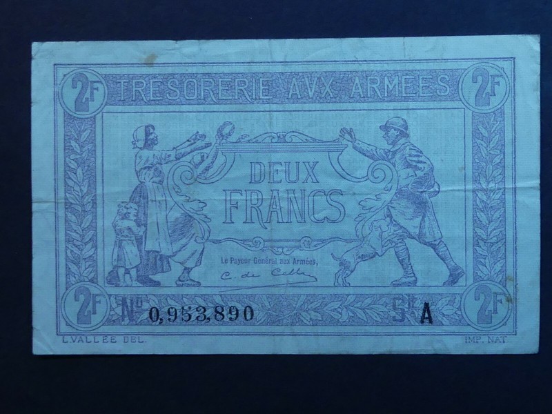  RARE: FRANCE: Emergency Money, TRESORERIE AVX ARMEES, 2 FRANCS,1919