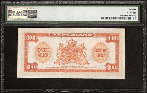 NETHERLANDS 100 Gulden 1943 P:69 aUNC (55 PMG) Very Rare - Bild 2 von 2
