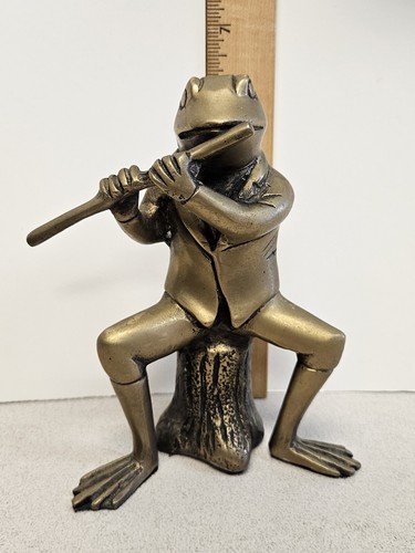 Vintage Large Heavy Brass FROG PLAYING FLUTE Band Figurine Statue MADE IN INDIA - Picture 6 of 6