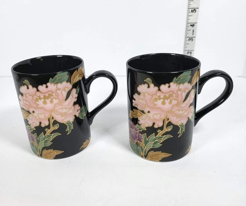 Fitz And Floyd Cloisonne Peony Mugs (2) Black Pink Vintage