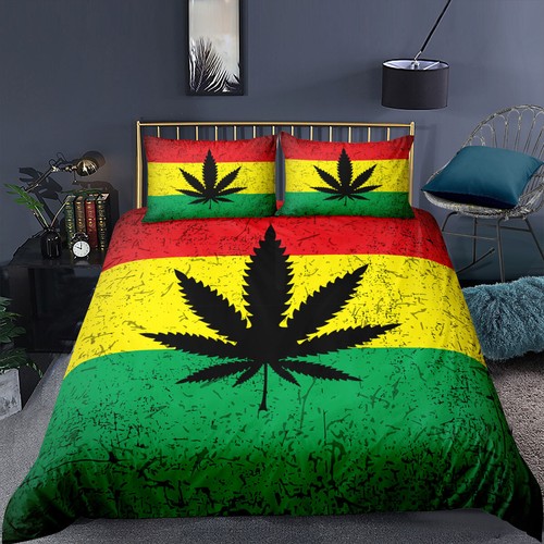 Colorful Weeds Cannabis Bedding Set Duvet Cover Comforter Queen King Bed Cover - Picture 10 of 11