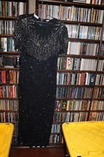 Scala dark blue Evening Gown Beaded Sequin short slv Silk Ladies M GORGEOUS b77