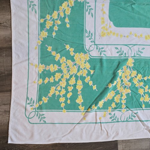 Vintage Tablecloth Green Yellow Floral Table Linen 53x48 Mid Century Cottagecore - Picture 3 of 11