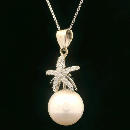 Estate White Gold Diamond Starfish w/ Large South Sea Pearl Pendant Necklace - Picture 7 of 9