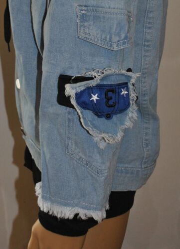 Denim Jean Jacket with Hoodie Distressed Jacket with Patches Neww - Picture 7 of 10