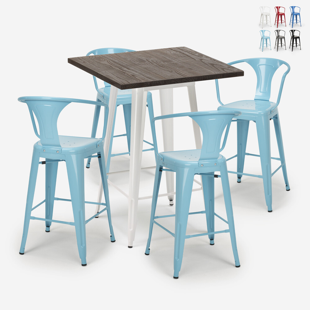Juego bar 4 taburetes tolix mesa alta madera metal 60 x 60...