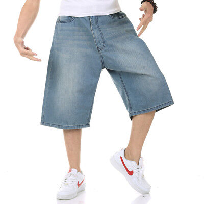 Mens Jeans Shorts Hip Hop Denim Shorts Long Loose Fit Blue Plus Size 32W-46W 13L