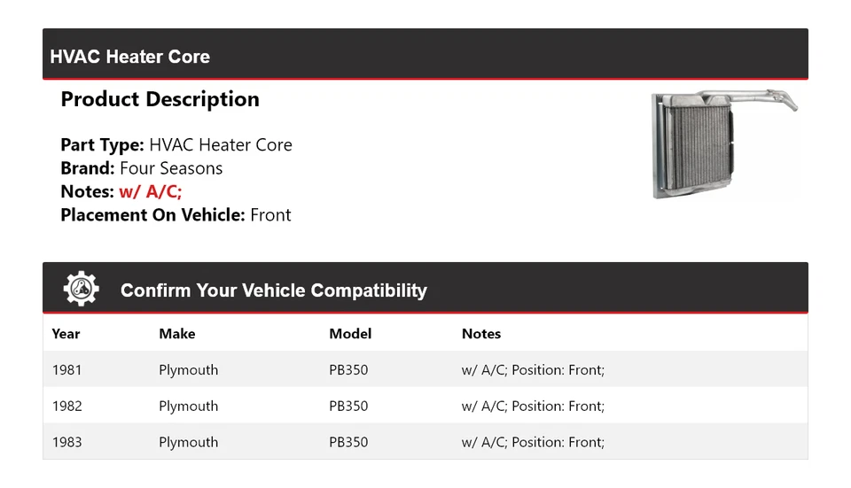 Para 1981-1983 Plymouth PB350 HVAC núcleo calentador delantero 4 estaciones 1982 Foto 2 de 4