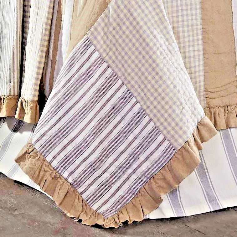 Edredón Reversible Acolchado a Mano King Volantes Patchwork Gris Bronceado Rayas Cuadros Gracia Foto 3 de 4