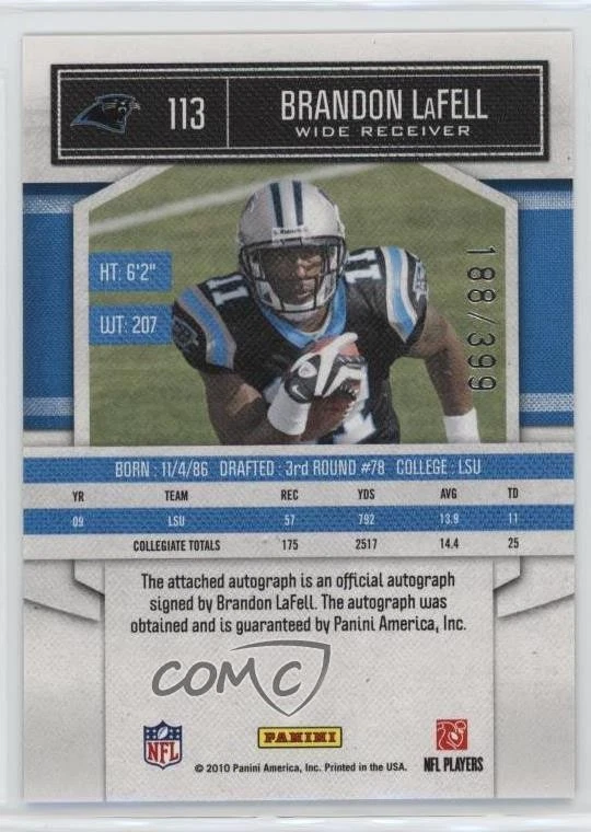 2010 Classics Significant Signatures Gold /399 Brandon LaFell Rookie Auto RC - Image 2 of 2