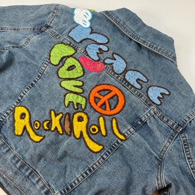 Atmosphere Denim Jacket Peace Love Rock Roll Embroidered Cropped Jean Size Med