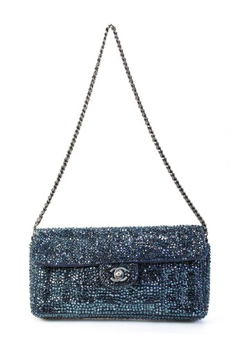 Chanel Womens Crystal Strass Single Flap E/W Handbag Blue