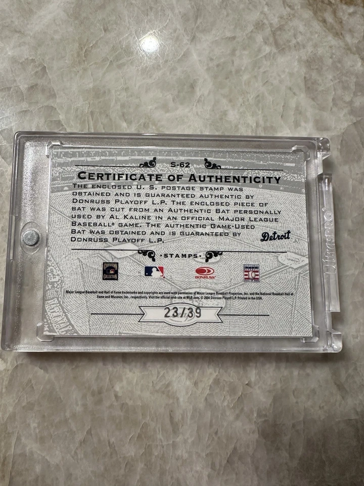 Estampillas del siglo Donruss 2005 material sello de Estados Unidos Al Kaline #S-62 reliquia púrpura/39 Foto 4 de 4