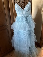 Lulus powder blue Tulle Tiered Ruffle Maxi Dress Strappy V-Neck Small NWT